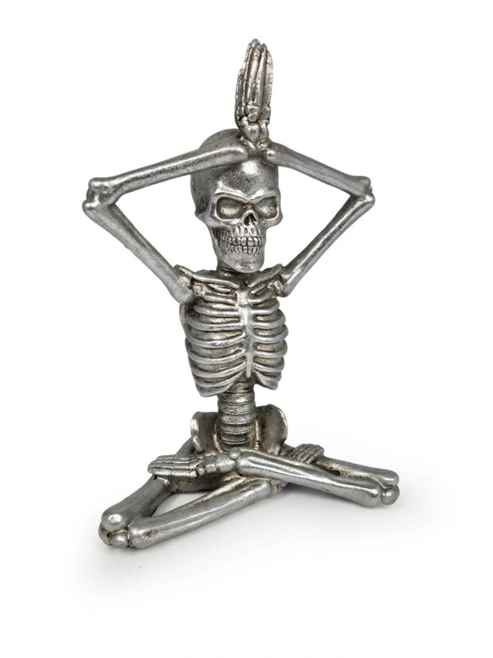 Silver Yoga Skeleton Figurine Meditating Zen Halloween Decor Statue